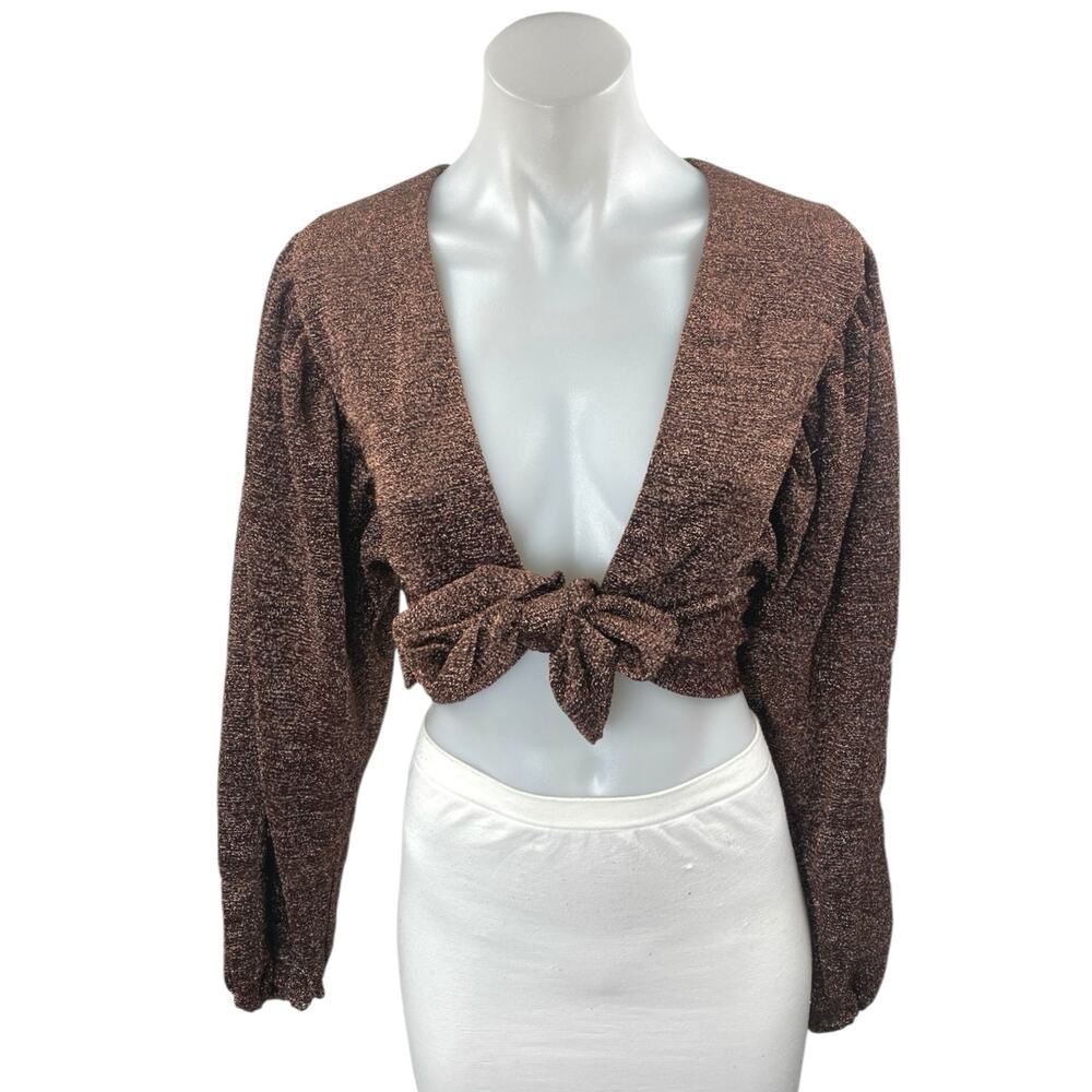 Showpo Beown Metallic Tie Knot Front Plunge Neck Long Sleeve Crop Blouse Top 4